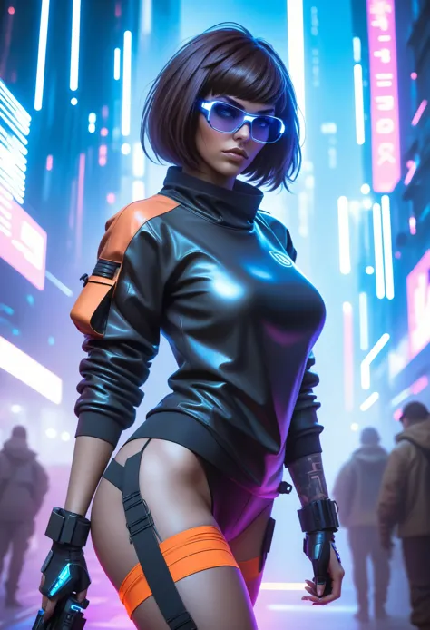 techwear fashion in the style of artgerm, cyberpunk style, 1woman, velma, cyberpunk clothing, female focus, city,cyberpunk backg...