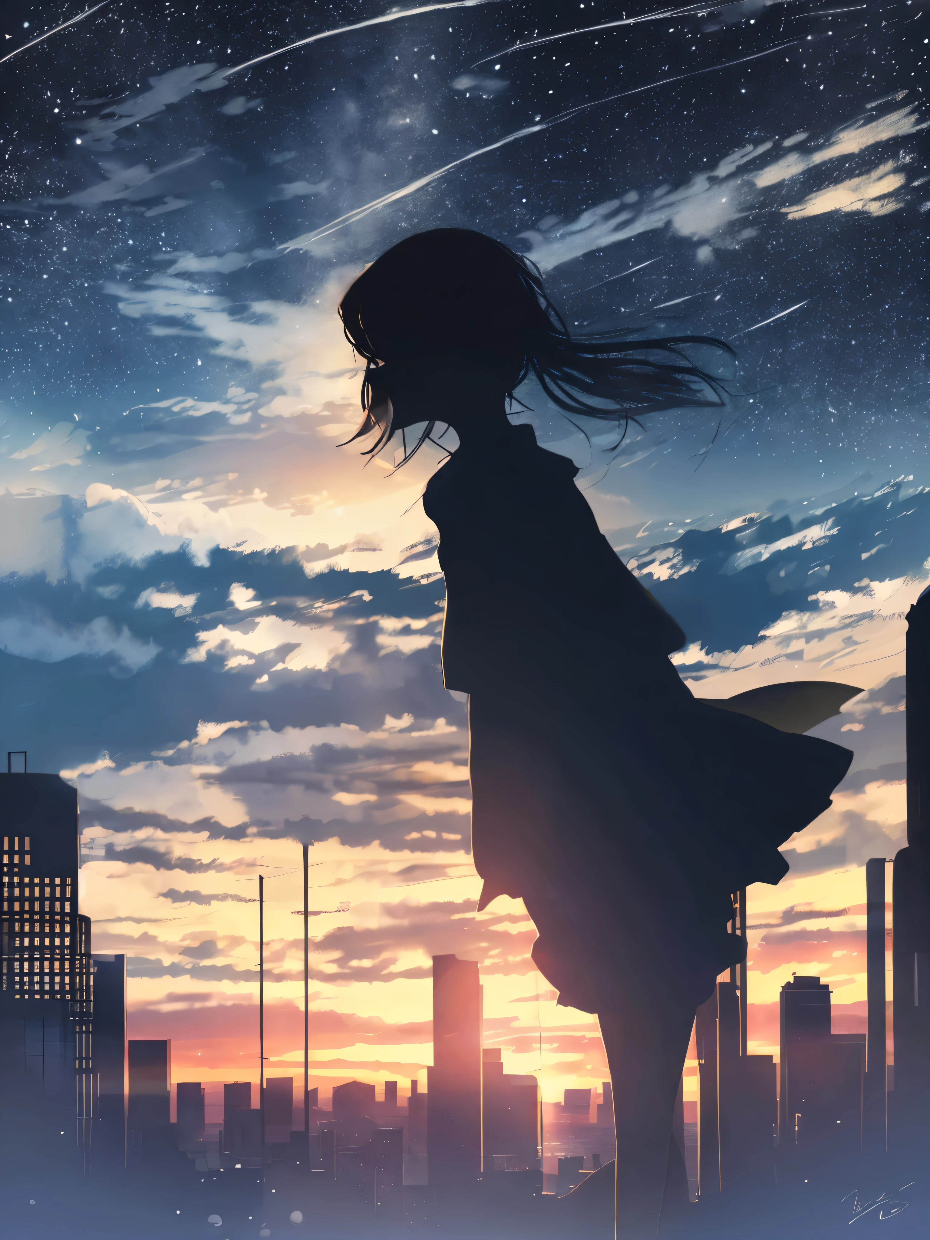 anime,silhouette,1girl, star (sky), cloud, cityscape, building, city, outdoors, skyscraper, city lights, night, night sky, sunset, skyline