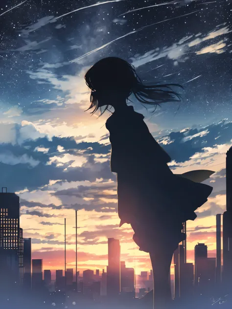 anime,silhouette,1girl, star (sky), cloud, cityscape, building, city, outdoors, skyscraper, city lights, night, night sky, sunse...