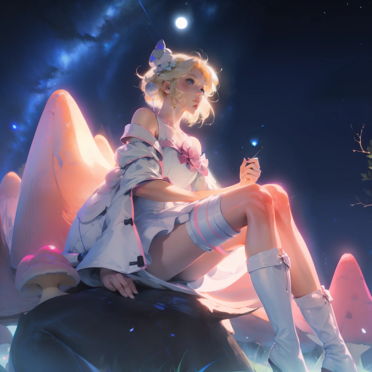 Anime girl with light blonde hair，With light blue eyes，Wearing a pink off-the-shoulder puff-sleeved dress and knee-high white boots，Sitting in the woods，Next to it is an orange mushroom，Surrounded by fireflies under the starry sky  