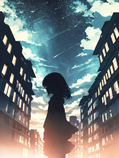 anime,silhouette,1girl, star (sky), cloud, cityscape, building, city, outdoors, skyscraper, city lights, night, night sky, sunse...