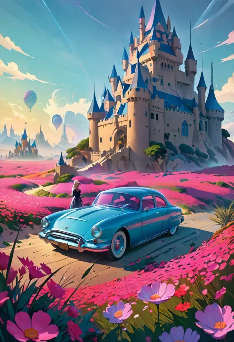 female, dress, castle, A car is driving through a desert filled with pink flowers, Ross Tran. Landscape Background, Highly detai...