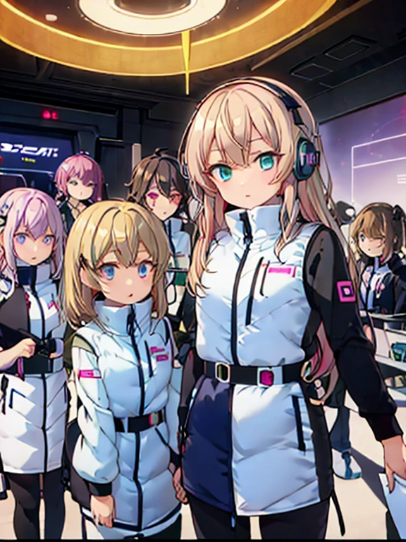 （Seven girls and one boy），（7 girls in a row）,（Brunette color hair, Black-eyed ，Blonde ，White haired red eyed ，Purple hair and heterochromatic pupils ，Pink Hair, Green Eyes, change）,(astrovest):3,headphones,Smart,futuristic space Classroom Background,BREAK inside spaceship room