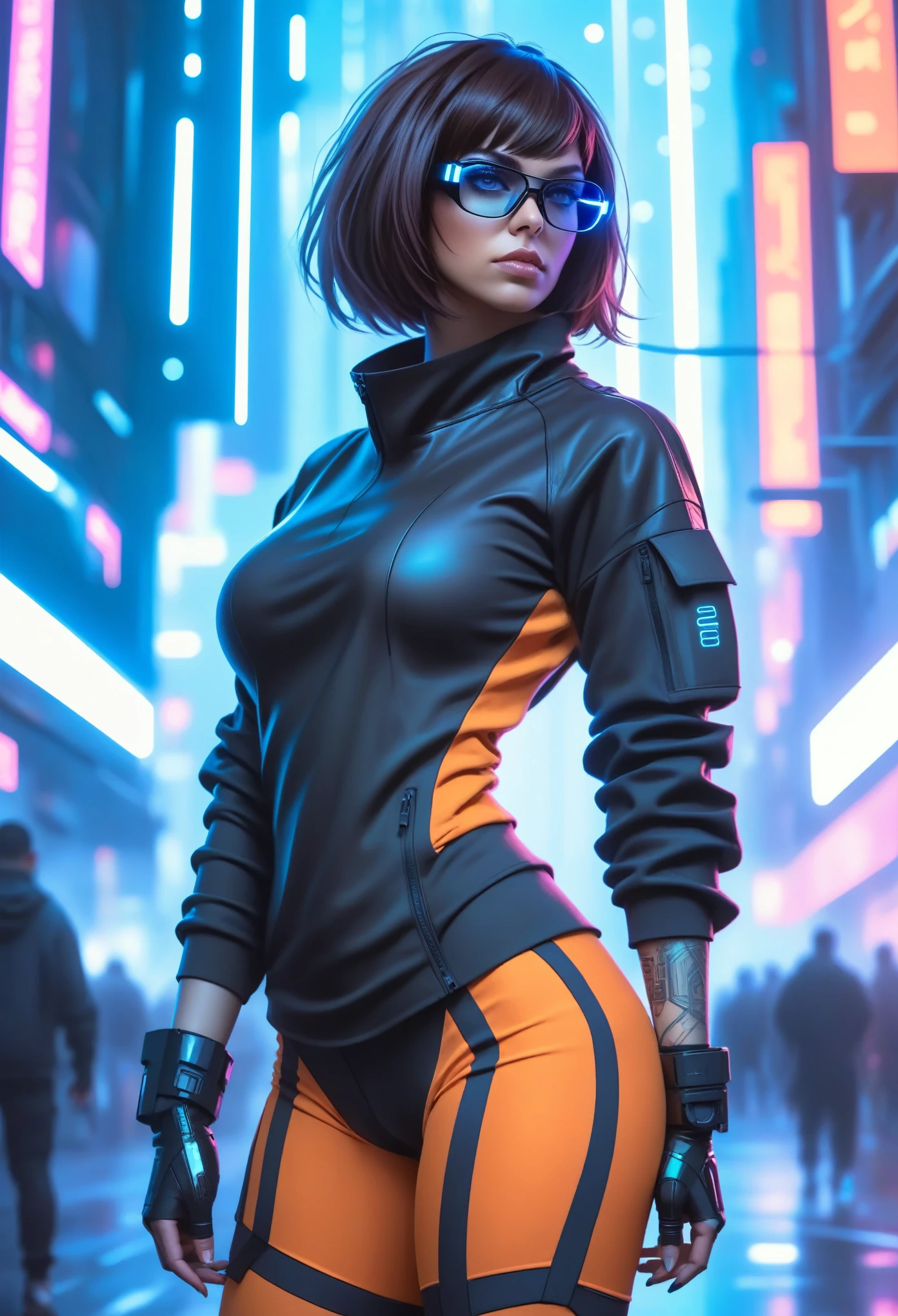 Techwear fashion in the style of artgerm, Cyberpunk Style, 1woman, Velma, cyberpunk clothing, female focus, city,cyberpunk background, robot, science fiction, solo, full body, wires and cables, . Futuristic, cyberpunk, urban, tactical, sleek, dark, highly detailed  