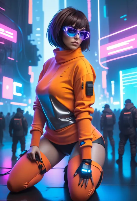 techwear fashion in the style of artgerm, cyberpunk style, 1woman, velma, cyberpunk clothing, female focus,neon sunglases, city,...