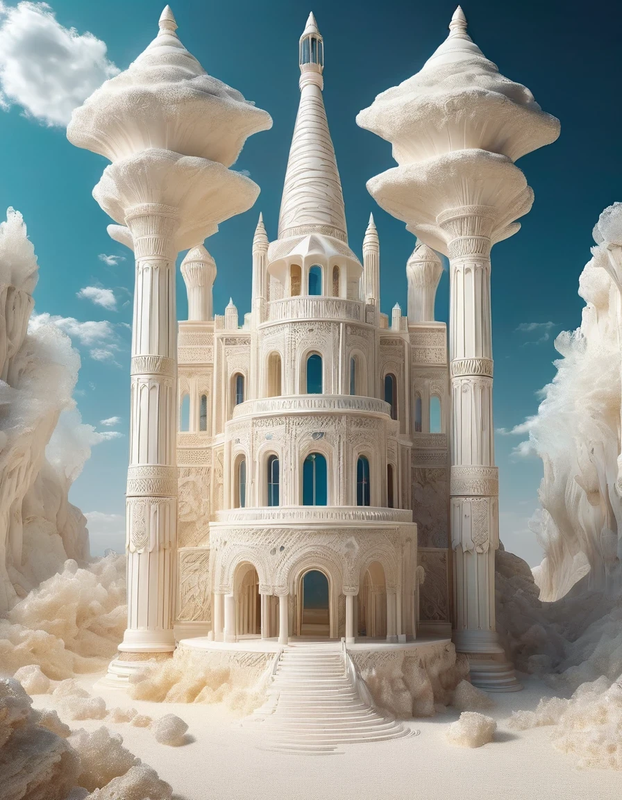 surrealism art style of (the only white dream castle on the cliffs),(minimalist composition), clouds,(Cinema4D rendering style),(high resolution photography),,by Peter Zumthor,by Zaha Hadid,by Antoni Gaudi,by Frank Gehry,Dreamy Atmosphere,high detail,hyper quality,high resolution,trending on artstation,surrealism,16K,Virgo, ♍︎,Cancer, ♋︎,Pisces, ♓︎,Egyptian Faience,Installation Art,Lath Art,Land Art,Light Painting,telephoto lens,Bottom view,beautiful lighting,