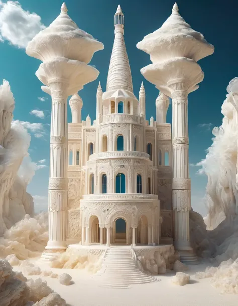 surrealism art style of (the only white dream castle on the cliffs),(minimalist composition), clouds,(Cinema4D rendering style),...