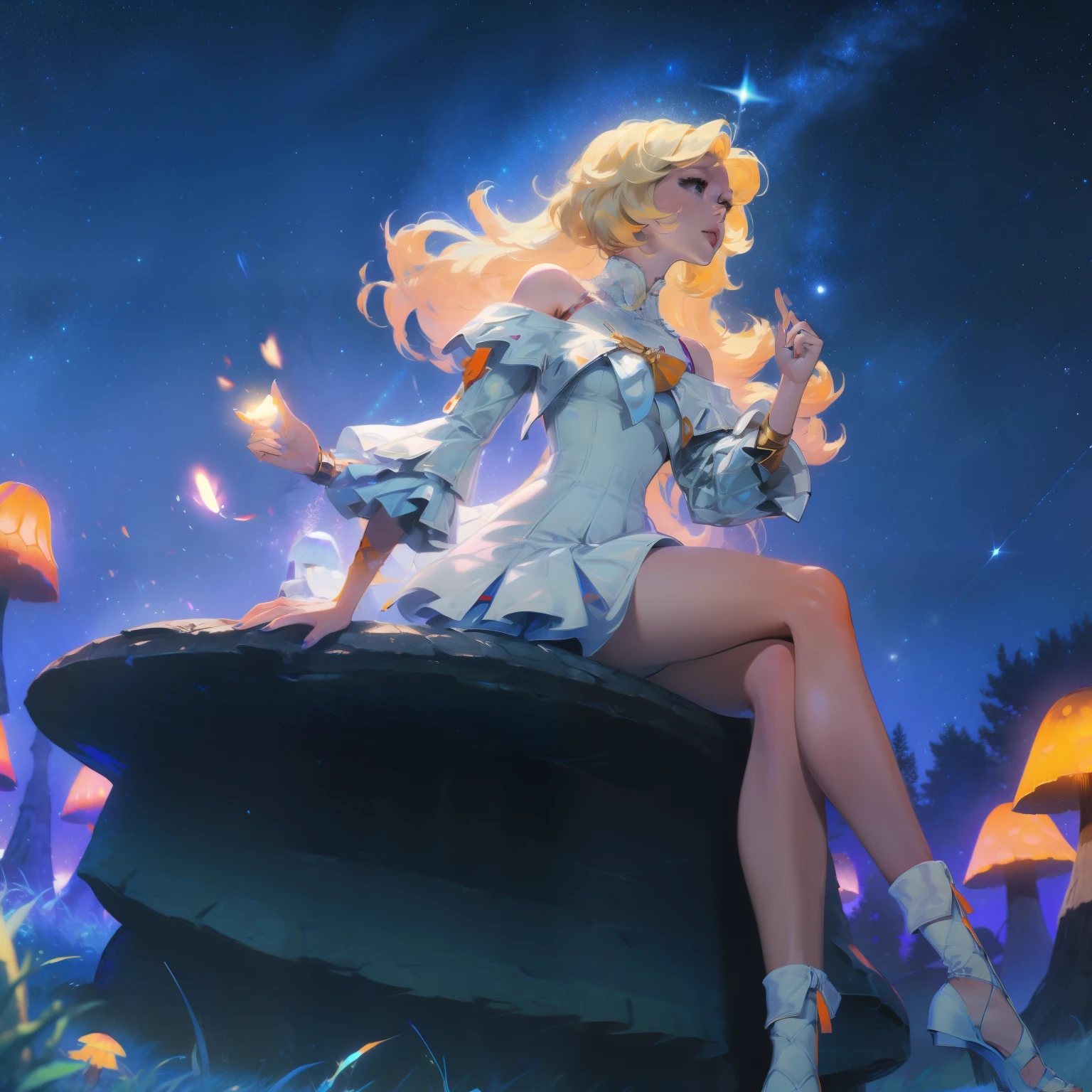 Anime girl with light blonde hair，With light blue eyes，Wearing an off-the-shoulder dress with puff sleeves，Sitting in the woods，Next to it is an orange mushroom，Surrounded by fireflies under the starry sky
