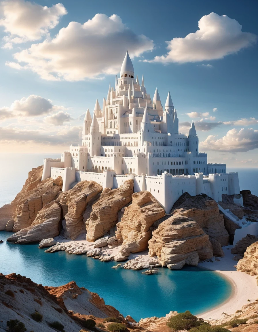 surrealism art style of (the only white dream castle on the cliffs),(minimalist composition), clouds,(Cinema4D rendering style),(high resolution photography),,by Peter Zumthor,by Zaha Hadid,by Antoni Gaudi,by Frank Gehry,Dreamy Atmosphere,high detail,hyper quality,high resolution,trending on artstation,surrealism,16K,Virgo, ♍︎,Cancer, ♋︎,Pisces, ♓︎,Egyptian Faience,Installation Art,Lath Art,Land Art,Light Painting,telephoto lens,Bottom view,beautiful lighting,