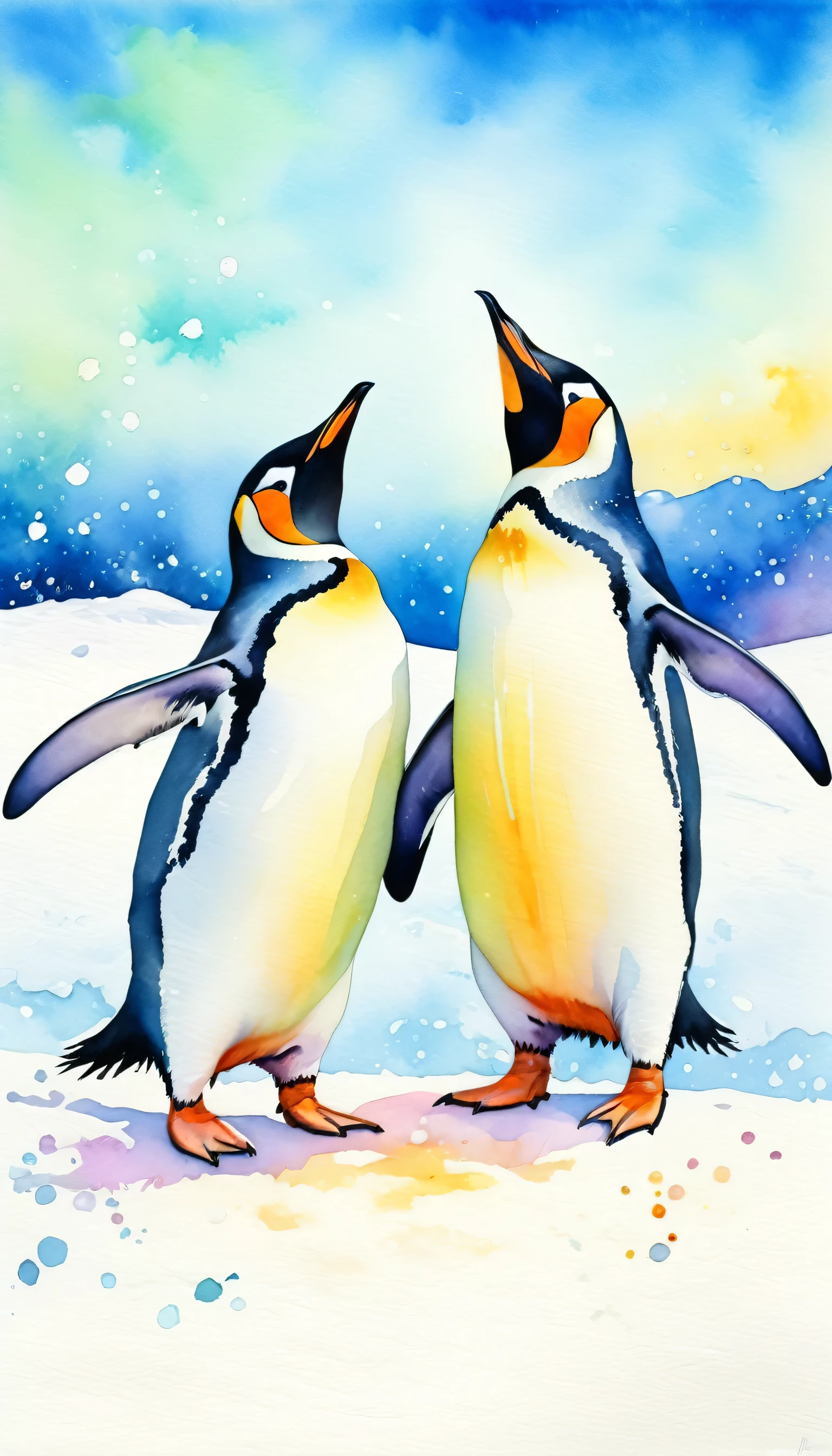 funny couple of penguins dancing in the snow, enjoying the outdoors under the sky, looking at viewer, no_humans, animal_focus, outdoors, animal, realistic, penguins, modern art, painting, drawing, watercolor, psychedelic colors