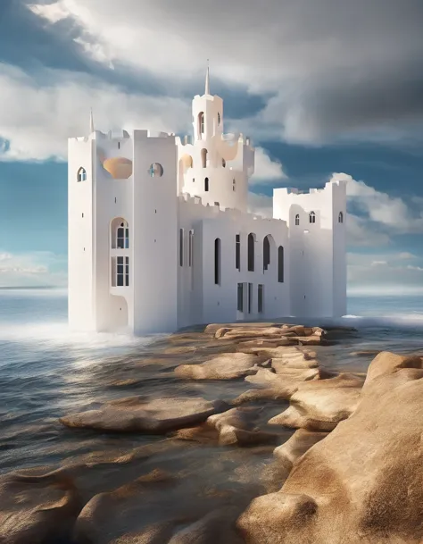 surrealism art style of (The only white dream castle on the cliffs),(minimalist composition), clouds, (surrealism),(clean backgr...