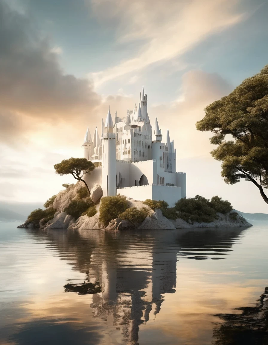 (Le seul château de rêve blanc sur les falaises),(composition minimaliste), des nuages, château de rêve avec arbres et reflets d&#39;eau),(Surréalisme),(fond propre),(Style de rendu Cinema4D),(photographie haute résolution),(fantaisie),(installation artistique de sculpture minimaliste).,par Peter Zumthor,par Zaha Hadid,par Antoni Gaudi,par Frank Gehry,ambiance de rêve,Ambiance romantique,Tir lointain,éclairage divisé,