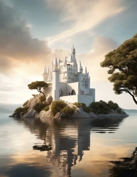 (The only white dream castle on the cliffs),(minimalist composition), clouds, dream castle with trees and water reflections),(su...