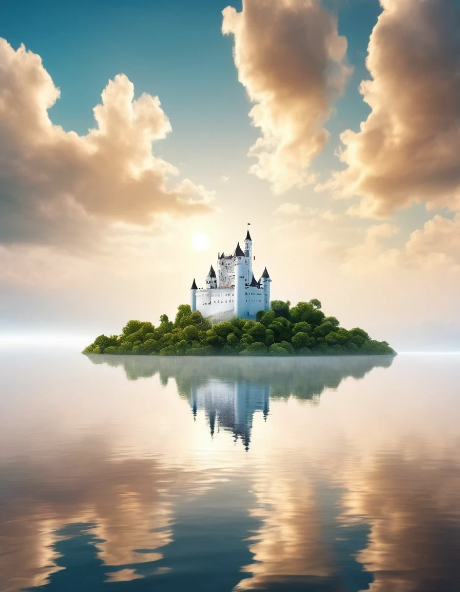 (Das einzige weiße Traumschloss auf einer Klippe), (Minimalistische Komposition), (Traumschloss in Wolken mit Bäumen und Wasserreflexionen), (Surrealismus), (sauberer Hintergrund), (Cinema4D-Rendering-Stil), (hochauflösende Fotografie), (verträumt), (Minimalistische skulpturale Kunstinstallation).