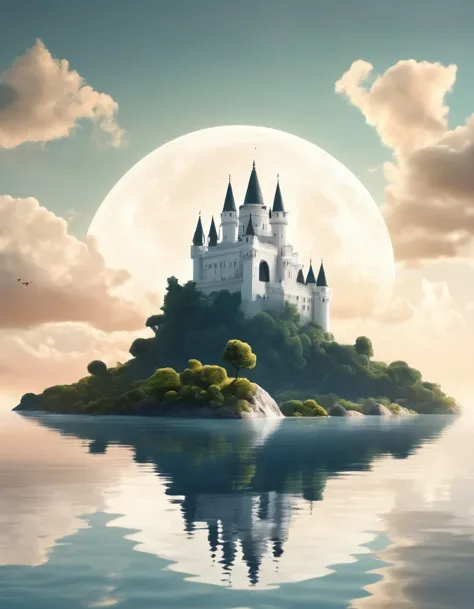 (The Only White Dream Castle on a Cliff), (Minimalist Composition), (Dream Castle in Clouds with Trees and Water Reflections), (...