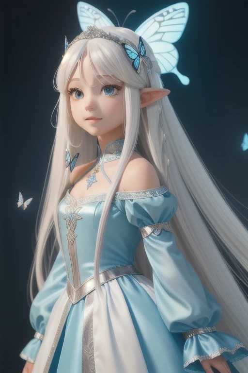 "((1 girl), (Long white hair + Silver Hair: 1.2), ( + beautiful clothes), Beautiful and perfect, A woman in a blue dress、Close-up of a young girl with long white hair and a butterfly on her head,Fairy fantasy costumes, Clothing with blue accents, Full of fairy, , Fantasy style costumes, High Fashion Fantasy, Dreamy dress, Fairy has wings, high class boutique,Fairy, high resolution, See the whole body, Face perspective, Close Perspective."