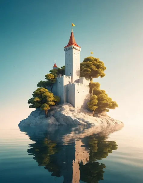 (White Dream Castle on Cliff), (Minimal Composition), (Dream Castle with Trees and Water Reflections), (Surrealism), (Clean Back...