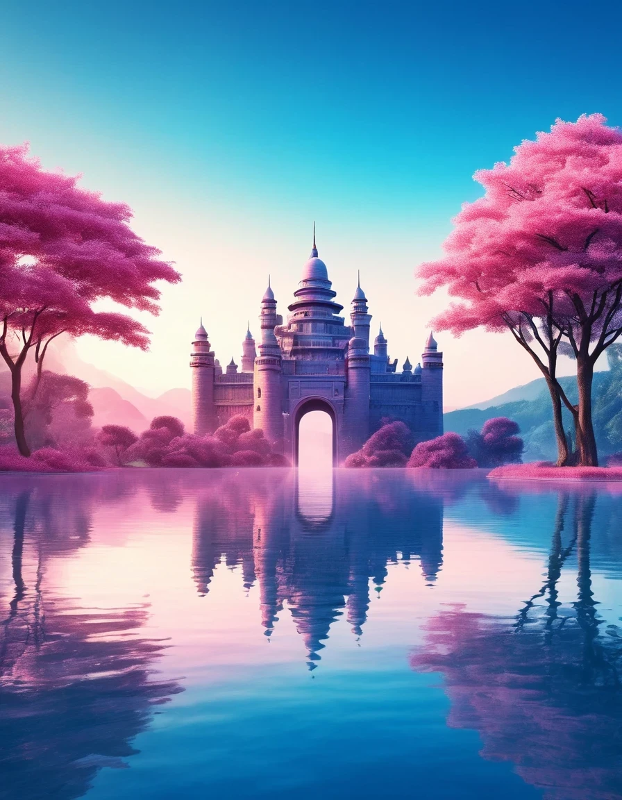 (夢幻城堡),(極簡主義構圖),中國風埃及荷魯斯之眼奇幻城堡，(blue and pink 夢幻城堡),(夢幻城堡 with trees and water reflection),(超現實主義的),(乾淨的背景),(Cinema4D渲染风格),(高解析度攝影),(夢幻般的),(極簡主義雕塑藝術裝置)