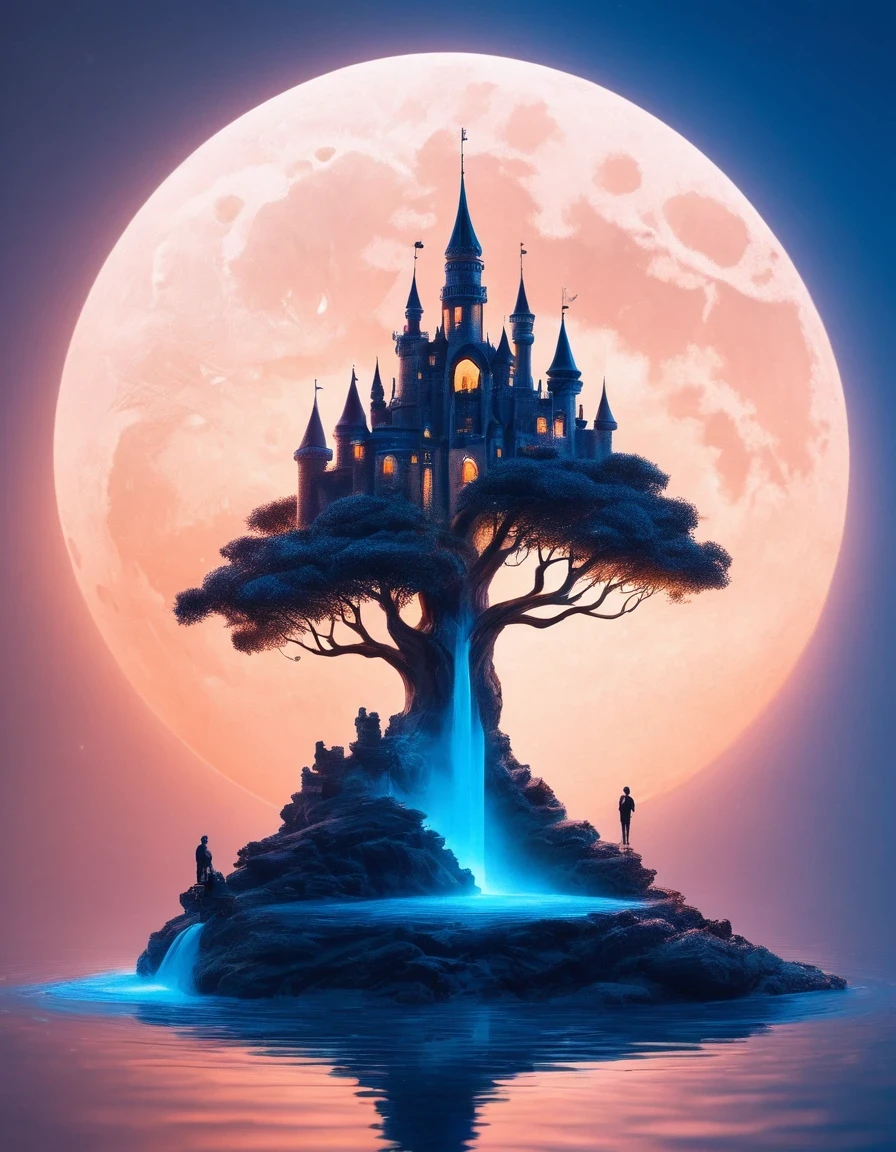 Dream Castle/Dream Castle，Minimalist composition blue moon，Fairy sitting in pink Dream Castle，Dream Castle and mirror reflections of trees and water，Surrealism，Clean background，cinema4d rendering style，High-resolution photography，Dreaminimalist sculpture art installation
