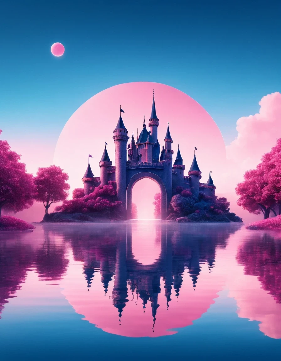 (dream castle),(minimalist composition),(blue and pink dream castle),(dream castle with trees and water reflection),(surrealistic),(clean background),(Cinema4D rendering style),(high-resolution photography),(dreamy),(minimalist sculpture art installation)