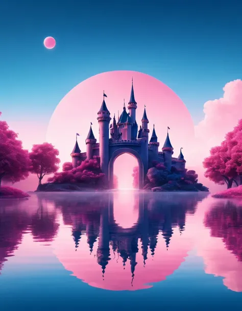 (dream castle),(minimalist composition),(blue and pink dream castle),(dream castle with trees and water reflection),(surrealisti...