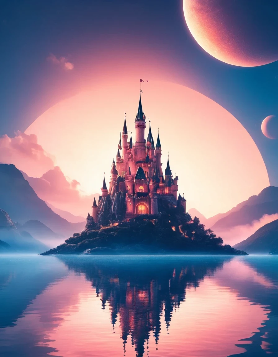 Dream Castle，Dream Castle，Minimalist composition，Blue Pink Dream Castle，Dream Castle and mirror reflections of trees and water，Surrealism，Clean background，cinema4d rendering style，High-resolution photography，Dreaminimalist sculpture art installation

