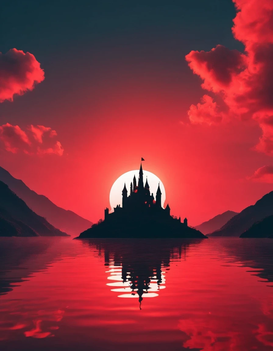Dream Castle/Dream Castle，Minimalist composition red sun，Black man sitting in Dream Castle，Dream Castle and mirror reflections of trees and water，Surrealism，Clean background，cinema4d rendering style，High-resolution photography，Dreaminimalist sculpture art installation
