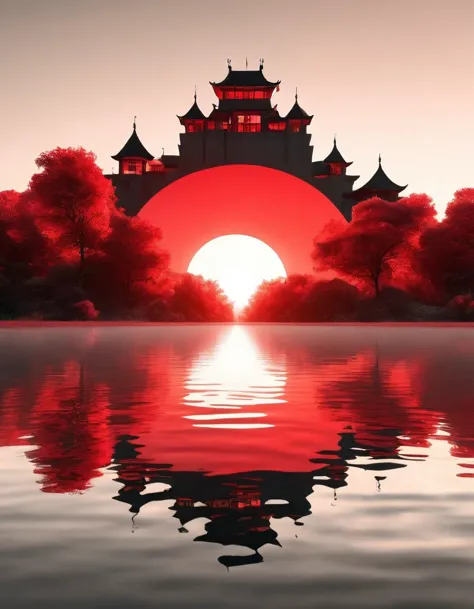 Dream Castle/Dream Castle，Minimalist composition red sun，Black man sitting in Dream Castle，Mirror reflection of trees and water，...