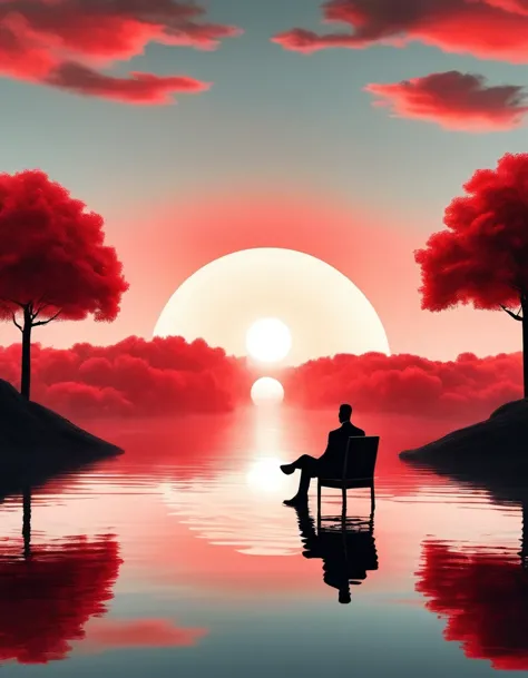 Dream Castle/Dream Castle，Minimalist composition red sun，Black man sitting on it，Mirror reflection of trees and water，Surrealism...