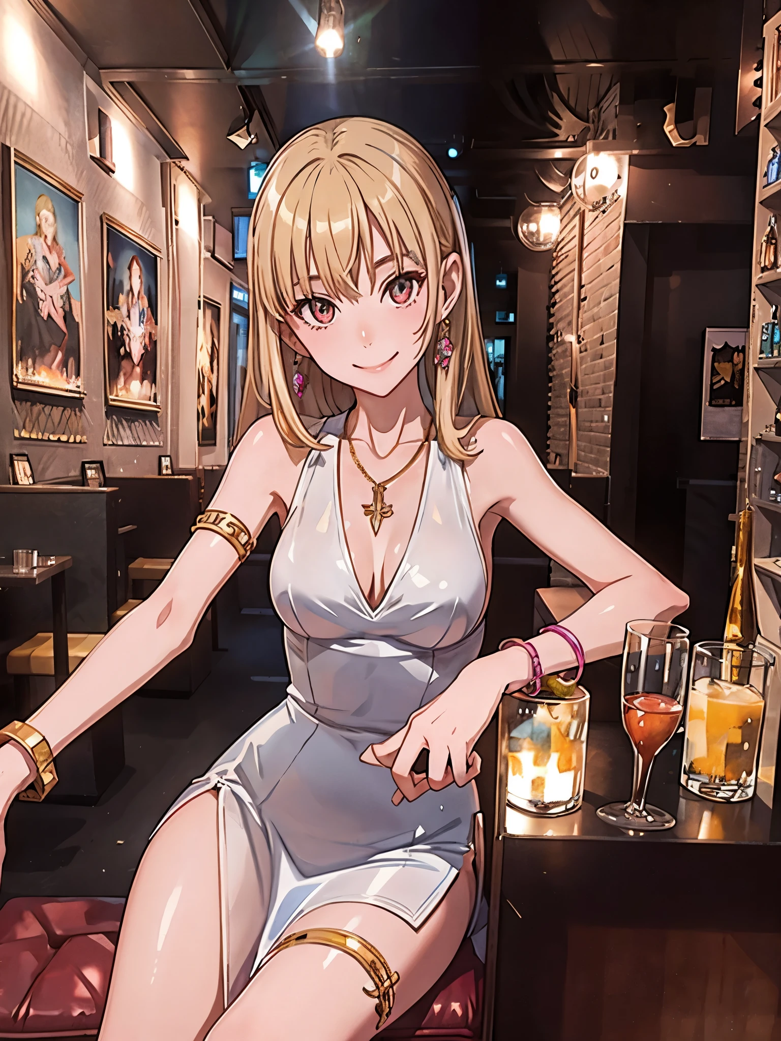 best quality, ultra-detailed, illustration, cop,
cabaret, scenery, bar (place), indoors, chair, table, light,
1girl, solo, jewelry, necklace, smile, looking at viewer, dress, sleeveless dress, bracelet, sitting, drinking glass, alcohol, 
 