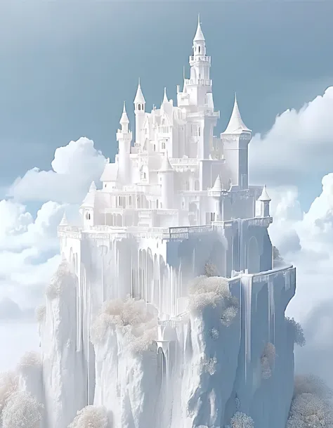 (A white dream castle on a high cliff face), (Minimalist composition), (Cloudy, rainy,)
Large distant view, (surrealism), (clean...