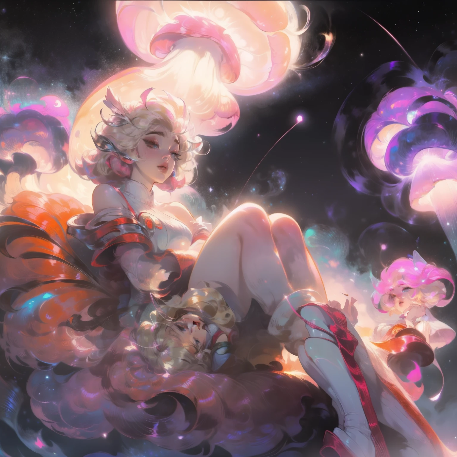 Anime girl with light blonde hair，With light blue eyes，Wearing a pink off-the-shoulder puff-sleeved dress and knee-high white boots，Sitting in the woods，Next to it is an orange mushroom，Surrounded by fireflies under the starry sky
