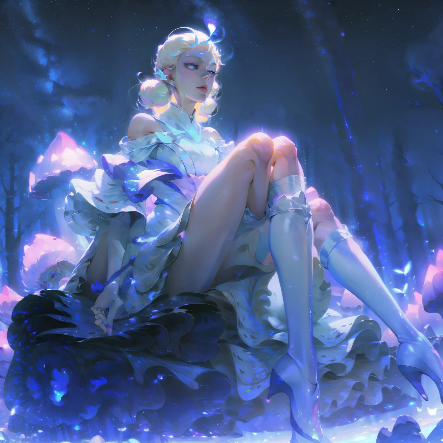 Anime girl with light blonde hair，With light blue eyes，Wearing a pink off-the-shoulder puff-sleeved dress and knee-high white boots，Sitting in the woods，Next to it is an orange mushroom，Surrounded by fireflies under the starry sky
