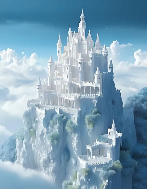 (A white dream castle on a high cliff face), (Minimalist composition), (Cloudy, rainy,)Blue backgroundLarge distant view, (surre...