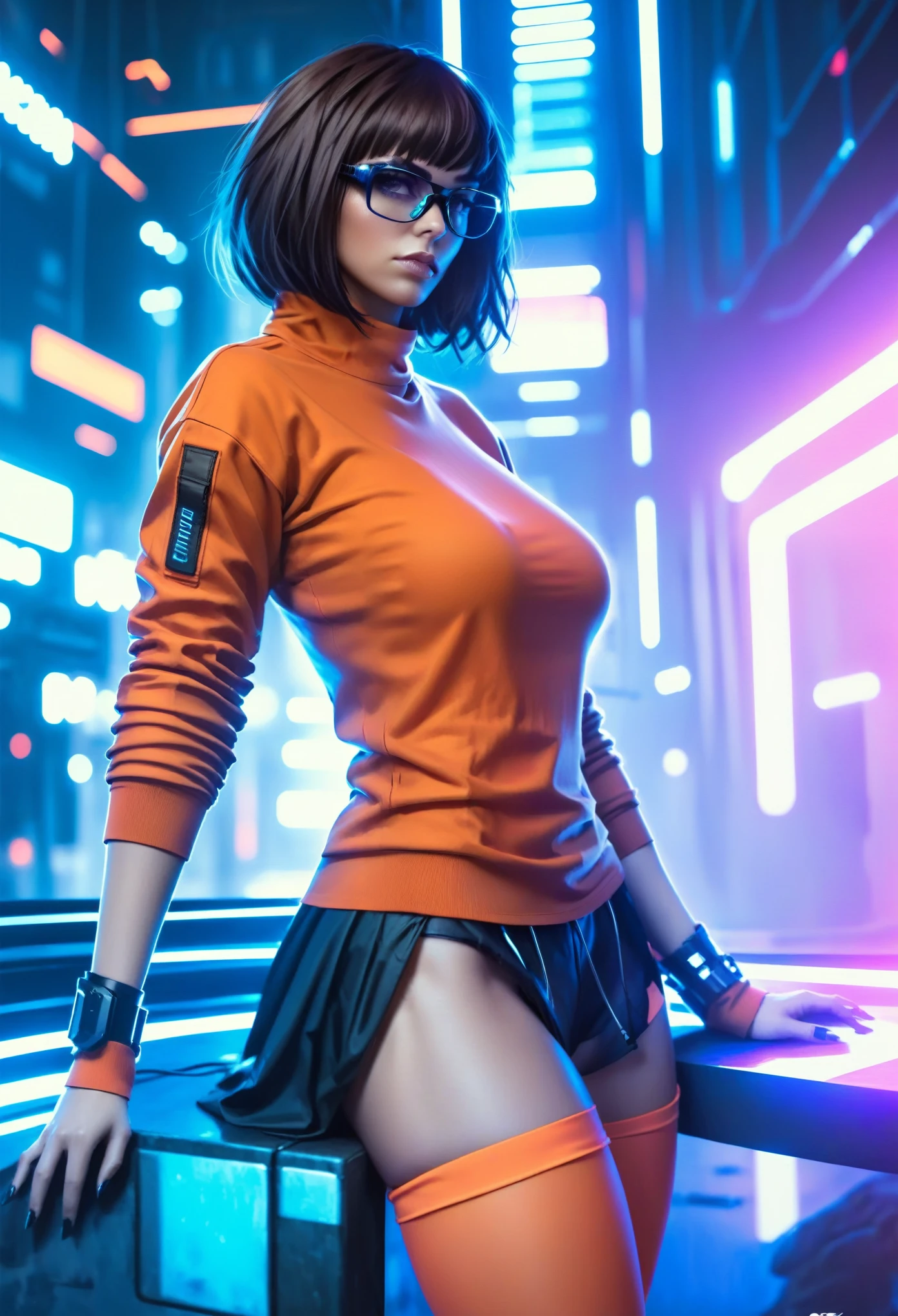 Techwear fashion in the style of artgerm, Cyberpunk Style, 1woman, Velma, cyberpunk clothing, female focus, city,cyberpunk background, robot, science fiction, solo, full body, wires and cables, . Futuristic, cyberpunk, urban, tactical, sleek, dark, highly detailed  