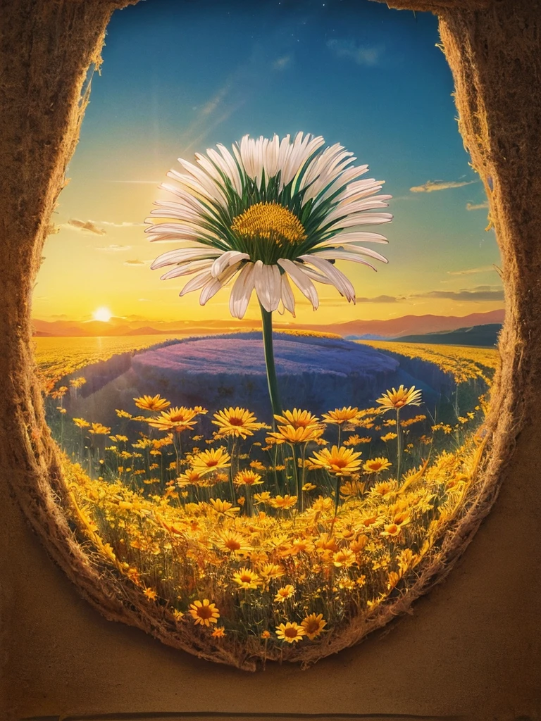 acrylic painting of a single flower, daisy, sunset, magical, colorful, ray tracing, fractal patterns radiating from flower, trippy, mexican surrealism