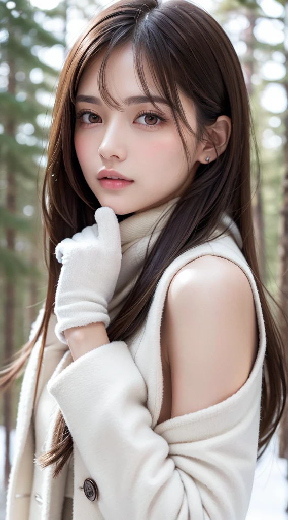 1 woman, (Face:1.5), Light brown hair, Bangs, hair behind ear, Shoulder-length hair, Long hair, Slender body type, Ultra-detailed face shape, Thin face, Delicate lips, (beautiful eyes:1.5), Thin blush, Eyes are light brown,Check it out here, Ultra-thin pointer, Ultra-thin fingers, The best ratio of four fingers and one thumb, (Realist:1.3), White long coat, scarf , Gloves、Snowy coniferous forest, It&#39;s snowing  .One person&#39;s point of view,  8k, On the table, nffsw, Super Detail, high quality, best quality, high resolution,