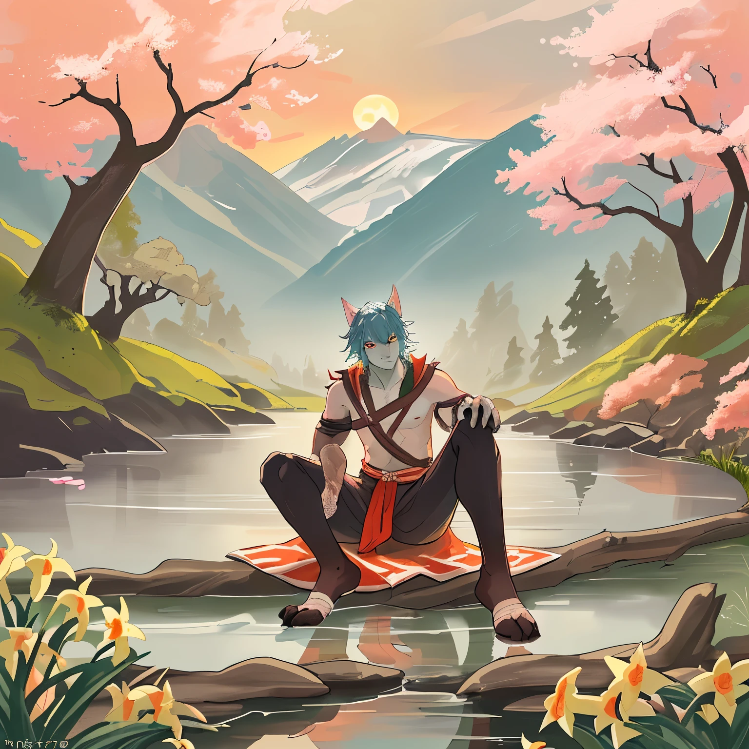 male orc，Wolf Boy，17 to 20 years old，side，Half-length photo，Ancient style clothing，Deep Forest, Distant Mountains, Bird. 2D style, Bright and vibrant, Cherry Blossoms, sunrise can be seen in the distance, The stream is winding, There are some daffodils on the shore, sunrise