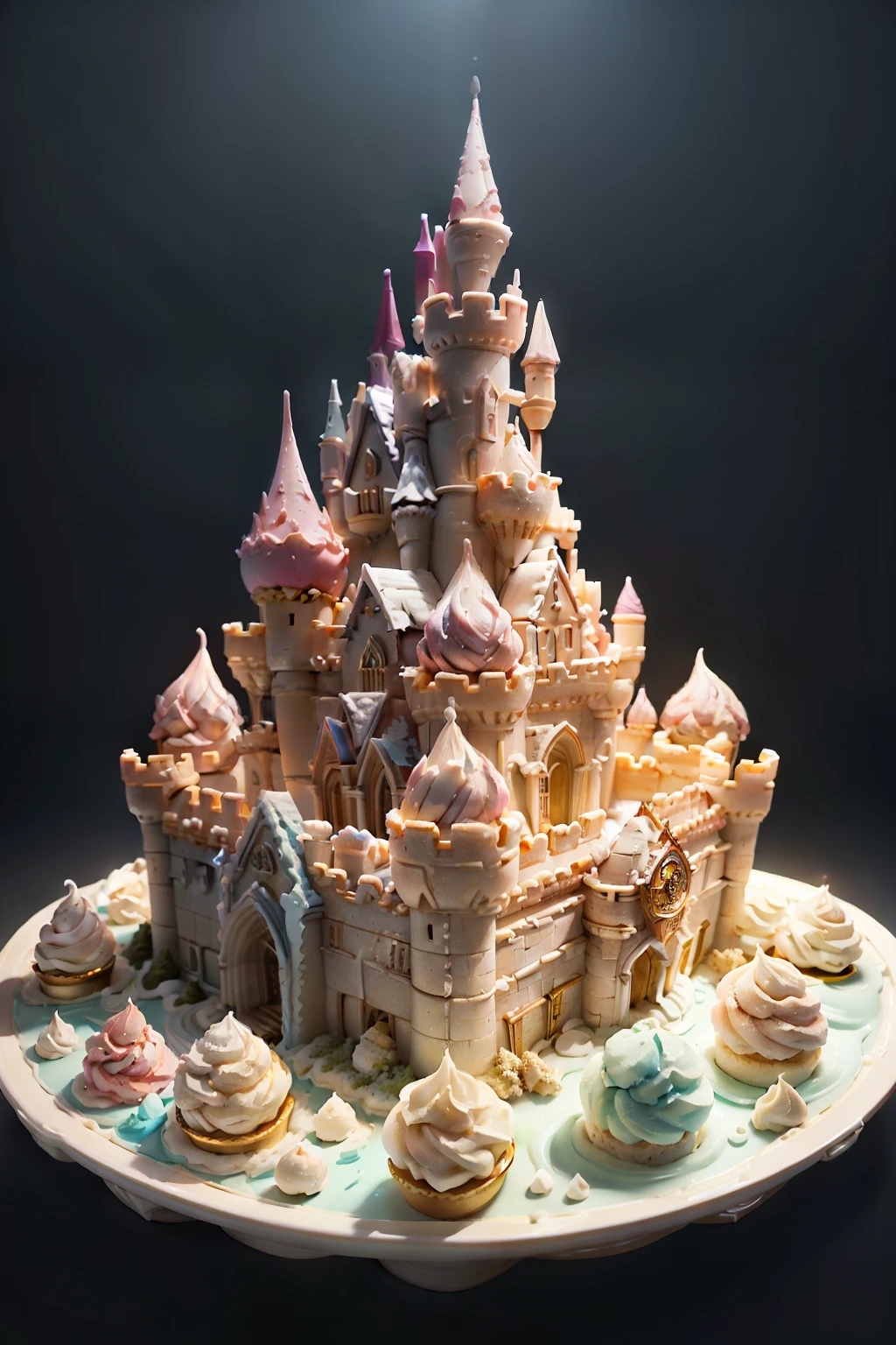 tmasterpiece，best qualityer，spotlight lights，Light effect，inverted image，icecream， Serve the ice cream in a glass，tray，ice cubes，spooning，Realistic and detailed images，Castle shape