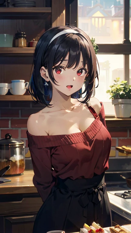 masterpiece, 1girl, Amazing Cleavage:1.3, thin waist, big ass, Raised sexy, medium breast:1.3,posed cleavage:1.2,solo, looking at viewer, open mouth, have a cup of coffee,black hair, red eyes, dress, bare shoulders, jewelry, collarbone, sidelocks, hairband, earrings, indoors, off shoulder, :o, sweater, arms behind back, plant, short hair with long locks, white hairband, off-shoulder dress, sweater dress, off-shoulder sweater, red sweater, big side hair, very long side hair,is rendered in (masterpiece: 1.2, best quality), with (ultra high resolution) and an exquisite (depth of field). This masterpiece is not only visually stunning but also tells, make of cooking some cakes ,in the kitchen ,(beautiful scenery), upper eyes, (with sparkling eyes and a contagious smile:1.0),looking at Viewer
