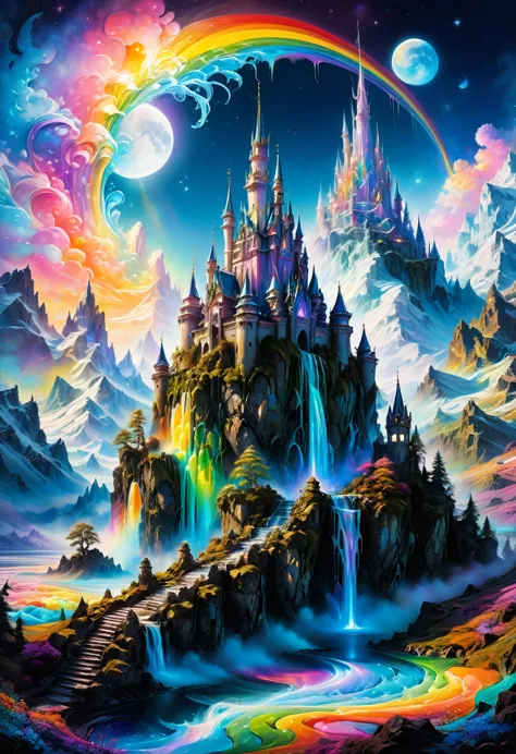 Dream Castle, aesthetic, Masterpiece, IcePunk! an rainbow ice castle made of rainbow ice sitting on top of an rainbow ice covere...