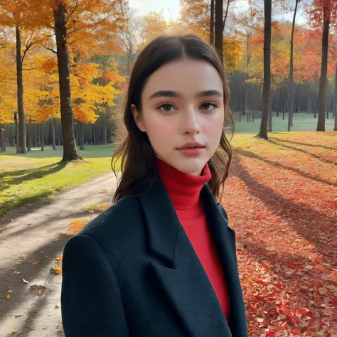 dasha_taran, colorful summer jacket, turtleneck, black denim jeans, edgy style, forest a array of autumn leaves on the ground, (...