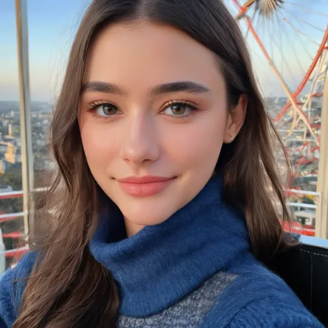 dasha_taran, Portrait of a woman, (close up),upper body, (( turtleneck sweater, leather jacket, blue jeans)), sitting in a ferri...