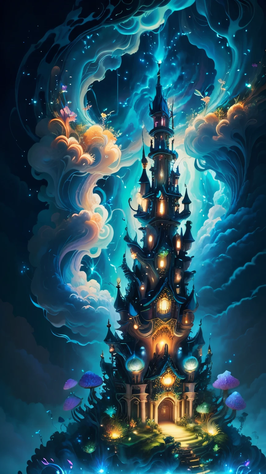 masterpiece, best quality, high castle,(Swirling clouds and colorful flowers), (forest fireflies fantasy korean mushroom castle kingdom), (midnight), (Irregular), (mysterious), (ridiculous), dreamy, disney, t shirt design, vector,