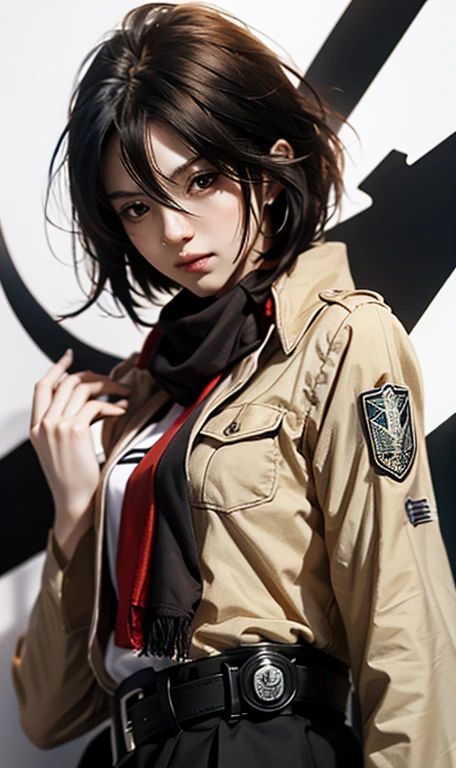 very highly detailed background, mikasa ackerman, shingeki no kyojin, 1girll, By bangs, obi strip, belt buckle, 黑The eye, Black hair, Brown belt, Brown jacket, Buckle, Formal shirts, Hair between both eyes, jaket, longer sleeves, Medium hair, Open your clothes，Open the jacket，Keep one's mouth shut，Heaven uniform，red neckchief，scarf，The shirt，solo person，standing on your feet，short detailed hair，Harnes，Three-dimensional electric equipment，White background，white  shirt，wing collar，（（tmasterpiece）），