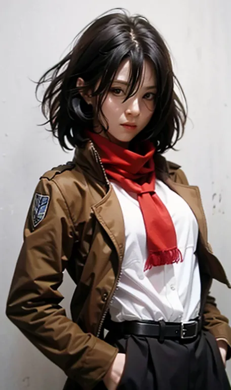 very highly detailed background, mikasa ackerman, shingeki no kyojin, 1girll, By bangs, obi strip, belt buckle, 黑The eye, Black ...