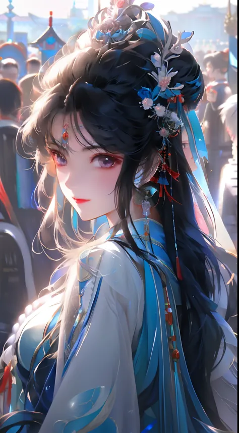 anime girl wearing tie and blue dress in the crowd, palace ， girl wearing hanfu, beautiful character painting, guvitz, guvitz-st...