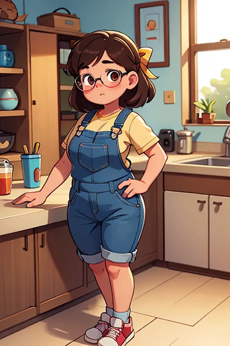 a pudgy teen of late adolescence with rosy cheeks; brown eyes;  fat, . she is in a denim overalls, with a prominent bow on her w...