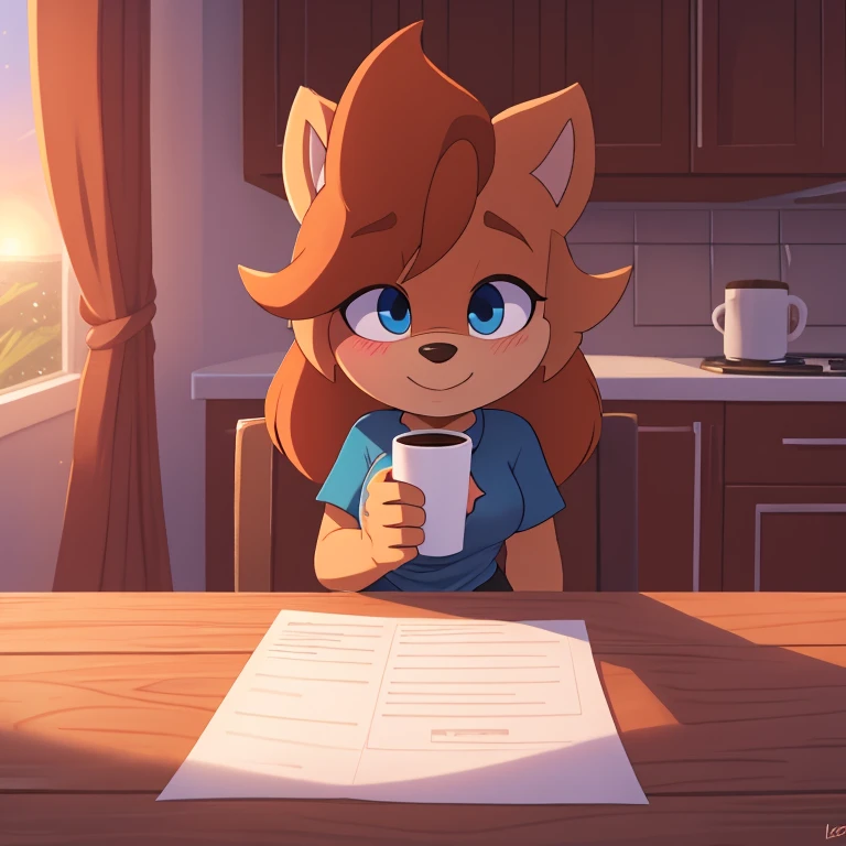 Score_9, score_8up, highres, 1girl, rating_suggestive, lop (star wars visions), furry, blue eyes, loving eyes, sleepy, drowsy, (small breasts), blushing, oversized shirt, sitting at a kitchen table, dawn, morning, holding a cup of coffee, sitting next to pov, ((saying, "good morning")), sfw, wallpaper