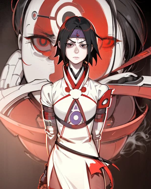 Sasuke uchiha with 나눔의 눈, 로봇, 무인 비행기, SF, 사람이 아니다, 제노, 키가 크고 날씬한 사람, 운동의, 창백한 피부, 하얀 피부, 짧은 보라색 머리, 빨간 눈, 미친 미소, 로봇 얼굴, 빨간색 디스플레이, 둥근 얼굴, 로봇 날개, 로봇 팔다리, 날카로운 긴 발톱, 흰색 타이트 셔츠, 열린 어깨, 소매, 흰 장갑, 꽉 끼는 옷, 갑옷 스커트, 금속 부츠, 높은 부츠, 검은 태양, 붉은 햇빛, 뷰어를보고, 화난, 위협적인 시선, 그리기 스타일, 동적 조명, 울트라 디테일, 매우 상세한 cg, 미세하고 복잡한, 매우 상세한 피부, 매우 상세한 얼굴, (최고의 품질,고등어,매우 상세한,현실적인:1.37),초상화,스튜디오 조명,검정색과 흰색,변덕스러운,사스케 우키하,액션 포즈,어두운 옷,반쯤 감은 눈,강렬한 표현,바람에 날린 머리카락,나눔의 눈,날카로운 초점,배경:코노하 마을,숨겨진 나뭇잎 마을 상징,연기 효과,흐릿한 전경